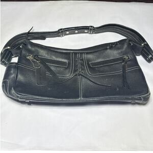 Vtg Y2K Leather Hobo Purse Black Shoulder Bag Lace Up Zip Slouchy St Johns Bay